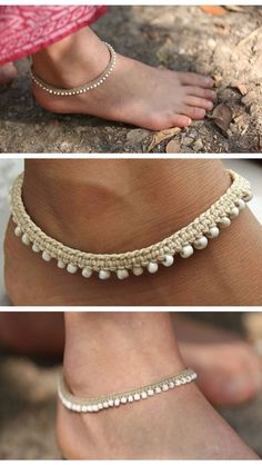 three different pictures of the feet and ankles of people wearing barefoot sandals, one with pearls on it