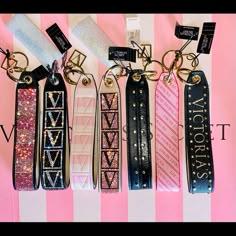 Victoria’s Secret Wristlet Keychain Charm Accessories Rhinestone You Pick 1 Black W/ Gold Studs -1 Black Silver Rhinestone Logo-2 Pink/Red Fuchsia Logo- 3 Pink Mirrored Iconic Stripe Rhinestone- 4 The Ultimate Hands-Free Accessory. Add This Wristlet Strap To Pouches Or Keys To Keep Essentials Close. In Our Iconic Stripe With A Luxe Rhinestone Finish. Attaches To Totes, Backpacks, Or Can Be Used Separately As Keychain 1 1/4" X 6 3/4" Imported Metal And Polyurethane Wristlets Keychain, Victoria Secret Party Ideas, Pink Keychains, Victoria Secret Accessories, Keychain Pink, Victoria Secret Room Ideas, Vs Keychain, Pink Stuff Girly, Girly Stuff To Buy
