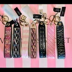 Victoria’s Secret Wristlet Keychain Charm Accessories Rhinestone You Pick 1 Black W/ Gold Studs -1 Black Silver Rhinestone Logo-2 Pink/Red Fuchsia Logo- 3 Pink Mirrored Iconic Stripe Rhinestone- 4 The Ultimate Hands-Free Accessory. Add This Wristlet Strap To Pouches Or Keys To Keep Essentials Close. In Our Iconic Stripe With A Luxe Rhinestone Finish. Attaches To Totes, Backpacks, Or Can Be Used Separately As Keychain 1 1/4" X 6 3/4" Imported Metal And Polyurethane Vs Wristlet Strap, Baddie Christmas Gifts, Victoria Secret Wristlet Strap, Victoria’s Secret Keychain, Pink Key Chains, Victoria Secret Keychain Wristlet, Pink And Black Accessories, Victoria Secret Accessories, Bedazzled Gifts