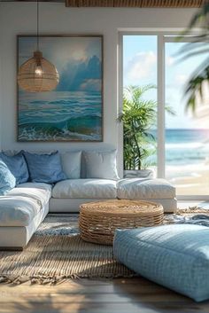 a living room filled with lots of furniture and large windows overlooking the ocean on a sunny day