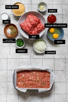 the ingredients for meatloaf laid out in bowls on a tile floor with labels