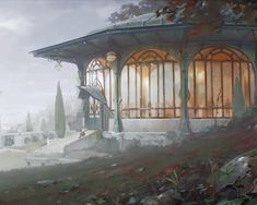 an artistic painting of a gazebo in the middle of a park with trees and bushes