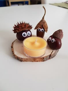 two acorns are sitting on a piece of wood next to a candle