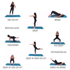 a woman doing yoga poses on a mat with the words side - leg lifts in different positions