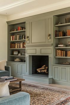 a living room filled with furniture and a fire place in front of a book shelf