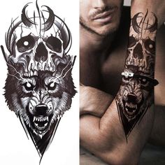 a man with two tattoos on his arms and one is wearing a wolf head tattoo