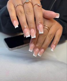 White Medium French Tip Nails, Long French Tips Square, Frenchtips Nails Acrylic Square, French Tip 1.5, Med French Tip Nails, Basic Full Set Nails, French Top Square Nails, French Tip Nails With Design White, White French Top Acrylic Nails