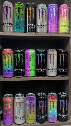 a shelf filled with lots of different types of energy drinks