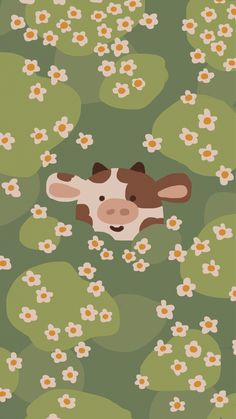 a cow is floating in the water surrounded by lily pads and daisies on a green background