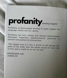 an open book with the words protanity written in black on it's cover