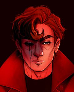 a drawing of a man with red hair and blood dripping from his eyes, wearing a red jacket