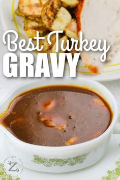 Turkey Gravy in a bowl with writing Cornstarch Turkey Gravy, Smoked Turkey Gravy Recipe, Turkey Gravy From Drippings Easy, Turkey Gravy Recipe With Drippings, Gravy From Drippings, Make Ahead Turkey, Turkey Giblet Gravy, Make Ahead Turkey Gravy