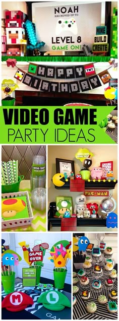 video game party ideas for kids including games, food and decorations to make them look like they're having a birthday