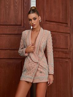 Minahil Pearl Embellished Blazer - Mew Mews Fashion Embellished Blazer, Looks Country, Shapewear Tops, Snake Necklace, Jumpsuits And Romper, Feather Dress, Maxi Dress Green, Embellished Dress, Prom Party Dresses