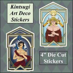 the four die cut stickers have been designed to look like art deco characters, and are