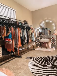 a closet with zebra rugs and clothes hanging on the racks in front of a mirror