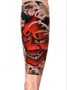 Hanya Mask Leg Tattoo, Oni Mask Tattoo Sleeve, Oni Mask Tattoo Color, Kabuki Mask Tattoo, Kabuki Tattoo, Oni Mask Tattoo Design Ideas, Hanya Mask Tattoo, Japanese Hand Tattoos, Calf Tattoo Men