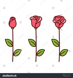 three pink roses with green leaves on the stems and one red flower in the middle