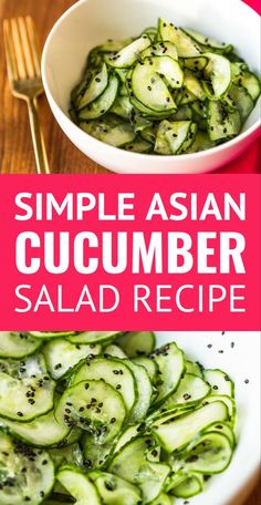 a white bowl filled with cucumber salad next to a pink and white plate