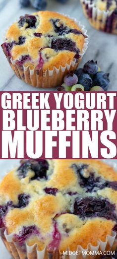 greek yogurt blueberry muffins with fresh berries on the top and bottom