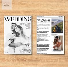 wedding brochure with photos and text on wooden background, front and back cover