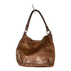 Brand: FRYE Style: HANDBAG DESIGNER Color: BROWN Size: LARGE SKU: 126-5667-14627 CONDITION: GENTLY USED Daily Use Distressed Brown Soft Leather Shoulder Bag, Brown Hobo Bag With Branded Hardware, Vintage Brown Bags With Gunmetal Hardware, Pre-owned Brown Bag With Double Handle, Brown Shoulder Bag With Silver-tone Hardware, Designer Handbags, Color Design, Cute Outfits, Outfit Inspo