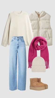 two pieces of clothing and boots are arranged on a white background, including a jacket, sweater, scarf, hat, and booties