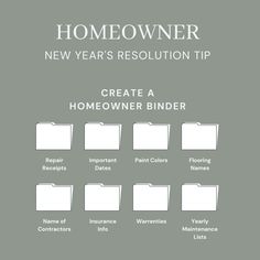 the new year's resolution tip for homeowner binders is shown in white