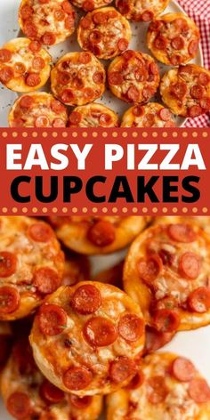 easy pizza cupcakes on a plate with the title overlay reading easy pizza cupcakes