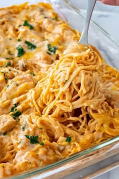 a casserole dish with chicken and noodles in it, being scooped from the casserole