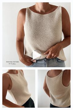 four photos of a woman wearing a sleeveless sweater and holding her hands in her pockets