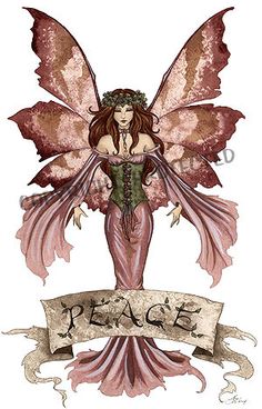 a watercolor drawing of a fairy with wings and the words peace on her chest