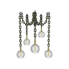 a chandelier with four glass balls hanging from it's arms and chains