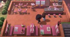 an animated image of a restaurant with tables and chairs, people in the dining area