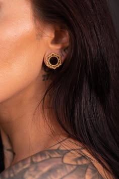 "Incredible lotus mandala ear tunnel made from golden Brass. It features lotus petals around the ear tunnel, creating a unique piece with extra attention to detail. Suitable for sizes from 5mm up to 12mm. Piercing jewelry is super on-trend jewelry. This tunnel will add an authentic touch to your everyday look or super cool, bold & rock style to your evening outfit. Upgrade your jewelry collection with this bright handcrafted piece of art or get it as a high-quality special gift for your love Gold Internally Threaded Plug Earrings For Festivals, Bohemian Gold Internally Threaded Earrings, Cool Ear Piercings, Pretty Ear Piercings, Lotus Mandala, Ear Tunnels, Gold Nose Rings, Evening Outfit, Nose Jewelry