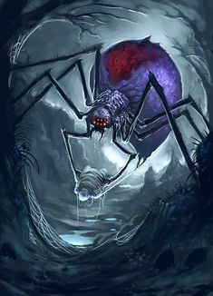 a creepy looking spider in the middle of a dark tunnel with its eyes open and it's legs hanging down