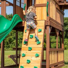 The Skyfort with Wave Slide will elevate your children’s imaginations — and your landscape. With raised clubhouse, roomy porch, and crow’s nest complete with its own telescope, this towering play and will feel like their own wooden castle. And there are plenty of fun, safe ways to move around this personal palace: full length of monkey bars swing them straight into the raised clubhouse, a challenging rock wall allows them to climb directly onto the porch, and a 10 foot wave slide slithers them r Wooden Castle, Backyard Swings, Wooden Swing, Rock Climbing Wall, Backyard Gazebo, Wood Roof, Porch Area, Wooden Swings, Monkey Bars