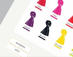 the different colors of women's clothing are shown in this graphic style, including black, red, yellow, and purple