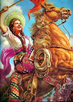 a painting of a woman riding on the back of a brown horse with a red flag