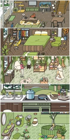 an illustrated view of the inside of a house with furniture and other things in it