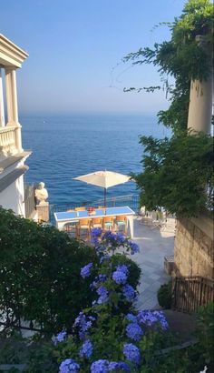 an outdoor dining area overlooking the ocean with blue flowers and umbrellas on tables in the foreground