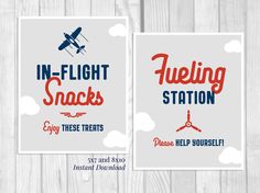 two posters with the words in flight meals and flying treats on them, against a wooden background