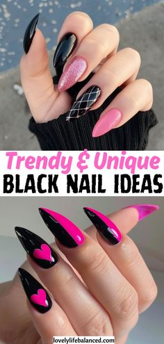 black nails trending now Pink And Black Nails Almond, Pink Nails With Black Design, Pink And Black Nails Acrylic, Black And Pink Nails Acrylic, Shiny Black Nails, Hot Pink And Black Nails Acrylics, Unique Black Nails, Hot Pink And Black Nails, Pink And Black Nail Designs