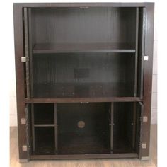 a bookcase with two shelves and one door open