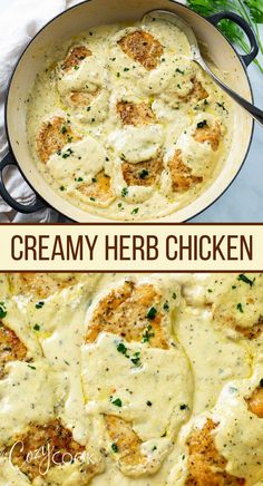 A skillet full of Creamy Herb Chicken with fresh parsley on top. Creamy Chicken Meal Prep, Creamy Herb Chicken Recipes, Creamy Chicken Dinner Recipes, Easy Cream Of Chicken Recipes, Dinner Ideas With Rolls On The Side, Chicken Breast With Sauce Recipes, Chicken Creamy Recipes, Cream Of Chicken Chicken Recipes, Creamy Food Recipes