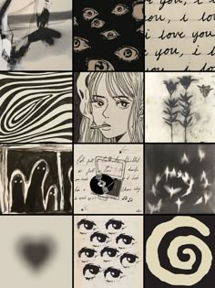 many different pictures with black and white images on them, including an image of a woman's face