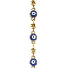 an evil eye bracelet with gold chains and blue glass eyes on it's sides