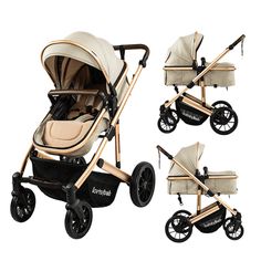 the baby stroller is shown with four different positions to sit in and stand up