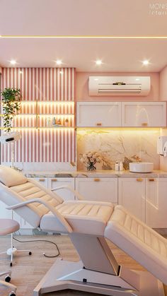 a white chair sitting in front of a kitchen counter