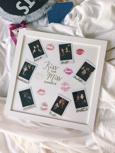 a white frame with pictures and lipstick on it